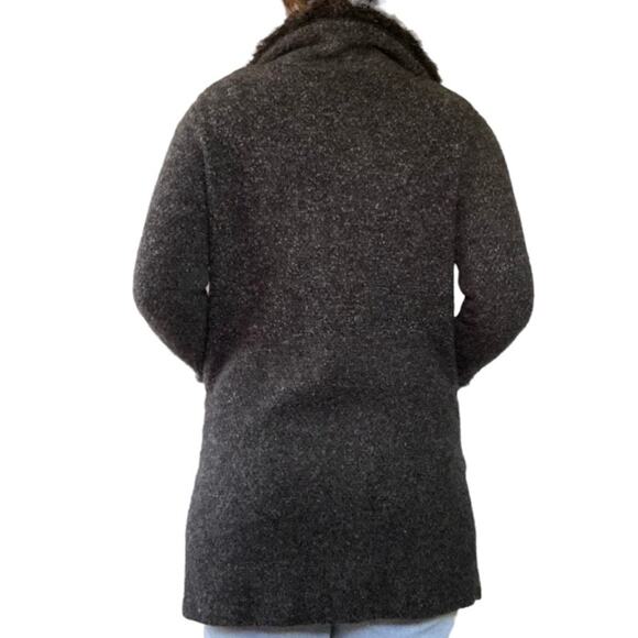 Zara Knit Cardigan Coat Coatigan Heather Gray Faux Fur Collar Midi Classic - Picture 7 of 7